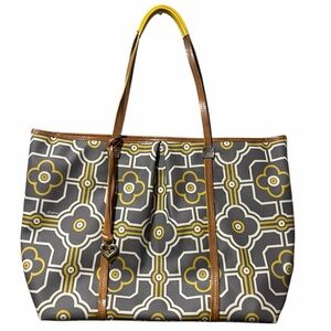 Brighton Large Tote Buttercup Gray & White 2 Top Leather Straps Charm Canvas